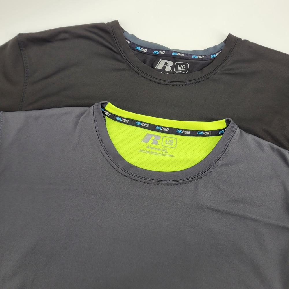 Russell Dri-Power 360 CoolForce Mens L Gym Training Shirt Black Gray Neon 2 Pack